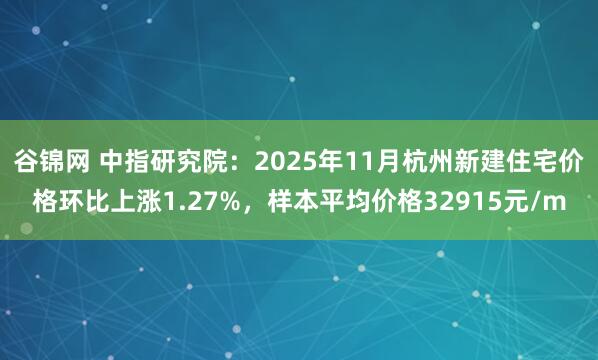 谷锦网 中指研究院：2025年11月杭州新建住宅价格环比上涨1.27%，样本平均价格32915元/m